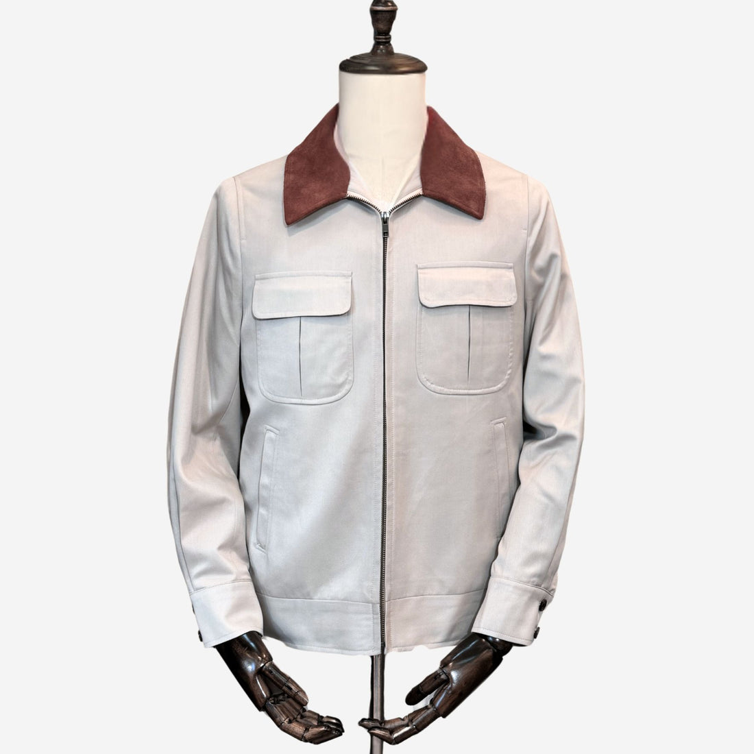 Cotton Bomber Jacket with Suede Collars and Elbow Patch